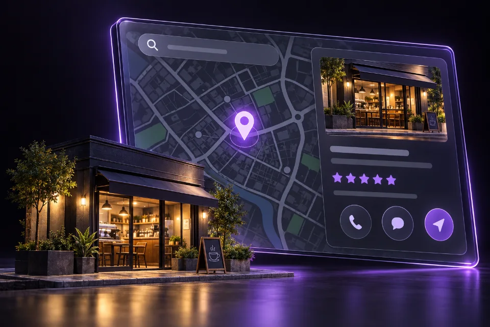 Exemplo ilustrativo de uma empresa aparecendo no mapa e na busca local