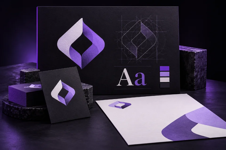 Exemplo ilustrativo de identidade visual com logo, paleta de cores e aplicações em papelaria