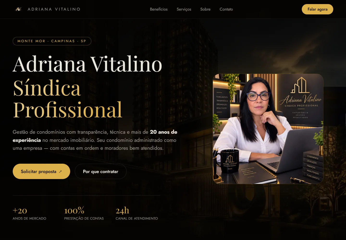 Prévia da página inicial de Adriana Vitalino, síndica profissional